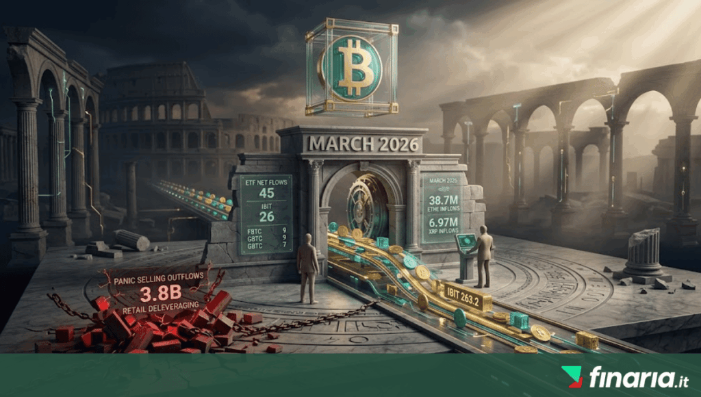 Illustrazione 3D con manichini, ETF SPOT VAULT in pietra, ₿ gold glowing, ◇, flussi di dati gold/teal tra colonne classiche e Colosseum.