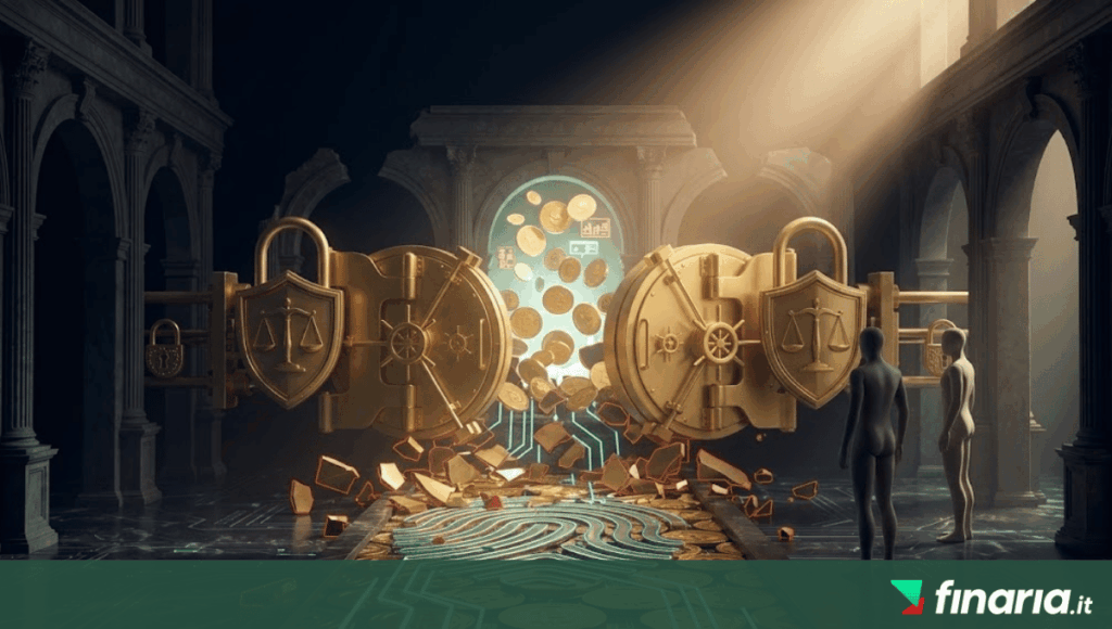 Render 3D: enorme barriera d'oro con bilance schiaccia un sentiero di monete d'oro e circuiti teal, bloccando l'architettura classica.