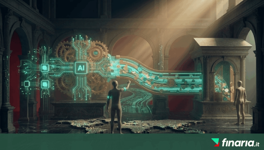 Render 3D cinematico: un imponente acquedotto dorato-teal collega un network di chip a un kiosk portico classico su un mondo di marmo.