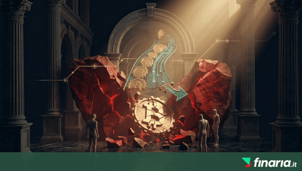 Render 3D: Un colossale muro di pietra rossa 'stagflazione' schiaccia una fragile guida dorata e teal 'Fed Pivot'. Un Bitcoin rotto cade tra rovine classiche.