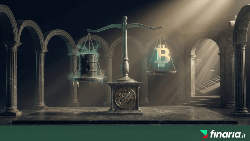 Un render 3D con una bilancia antica: un barile di petrolio che si raffredda e un simbolo Bitcoin che sale.