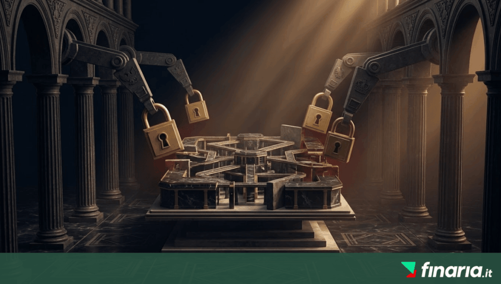 Quattro bracci meccanici istituzionali chiudono un'exchange con lucchetti d'oro in una sala colonnata oscura. Un lucchetto è rotto.