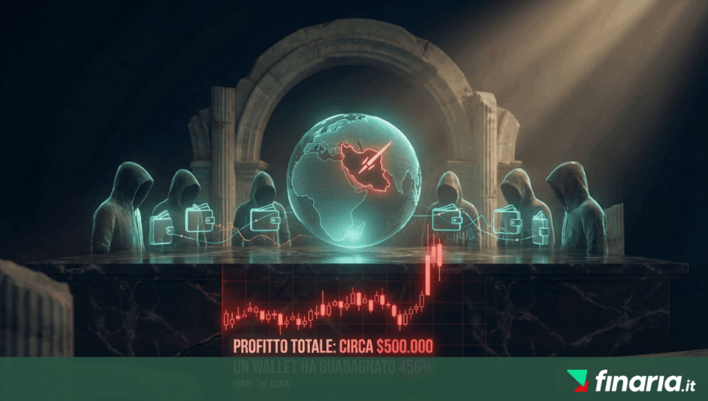 Infografica concettuale con figure incappucciate attorno a un globo olografico che evidenzia l'Iran, icone di wallet digitali e un grafico a candele in forte rialzo. Testo: