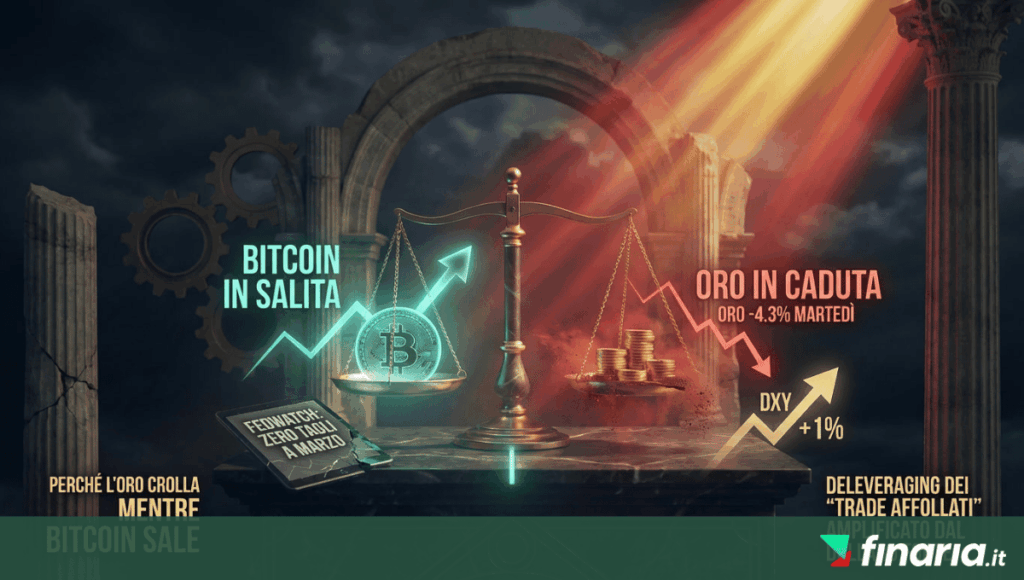 Una bilancia dorata tra rovine classiche confronta un Bitcoin verde neon in salita con monete d'oro in caduta, accompagnata da grafici finanziari e scritte in italiano su Fedwatch e il valore del dollaro.