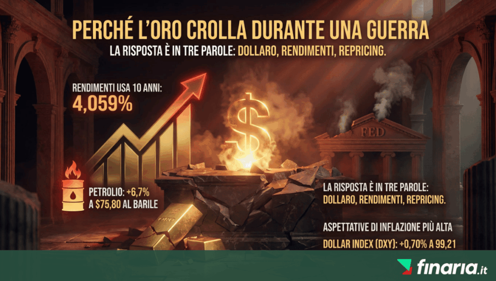 Composizione drammatica con un simbolo del dollaro avvolto dalle fiamme, lingotti d'oro tra le macerie e un grafico dei rendimenti USA al 4,059% in uno scenario di templi classici e fumo.