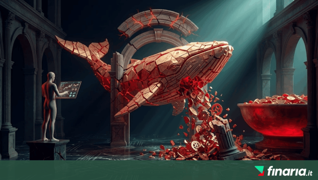 Una balena robotica rossa e oro distrugge rovine classiche, soffiando ingranaggi e monete d'oro. Un umanoide osserva con un tablet dati.