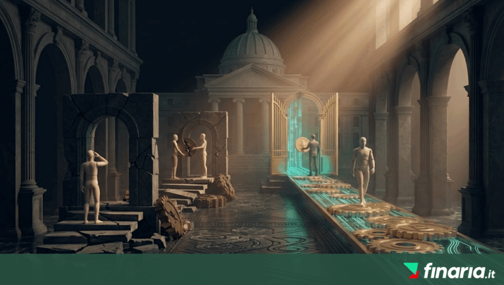 Render 3D di due percorsi: uno tortuoso e rotto con intermediari, l'altro diretto e dorato verso una porta di banca monumentale