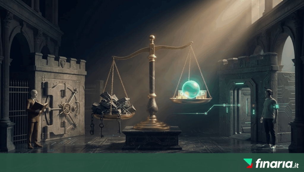 Render 3D di una scala monumentale d'oro che bilancia un pan con rischio bancario pesante contro un pan con yield Teal/Oro sicuro e regolamentato.