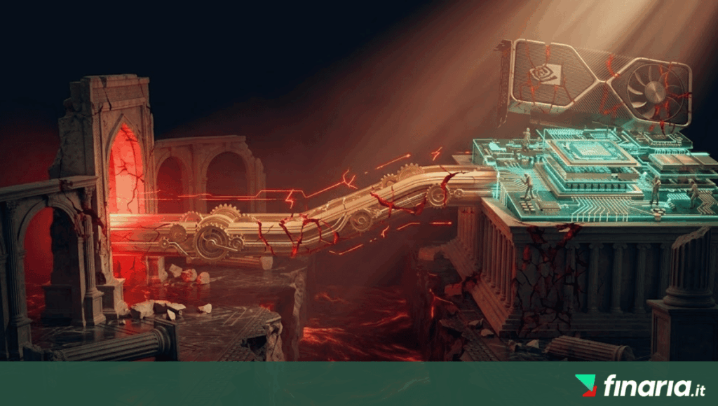 Render 3D cinematico: un chasm d'energia Hormuz divide un'architettura chip coreana che fracture, alimentata da un condotto d'energia break in rosso.