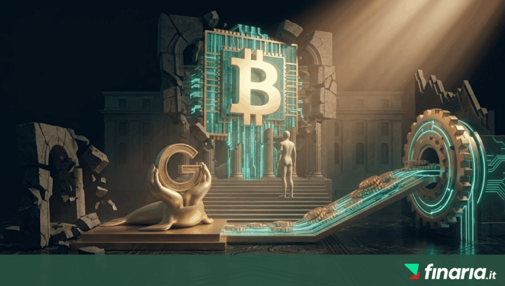 Render 3D cinematico: un matrix dorato-teal con un'aquila rompe barriere, uniti uniti su sigillo e ingranaggi