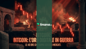 Immagine drammatica con il logo Bitcoin incrinato e luminoso in uno scenario di guerra con carri armati ed esplosioni, sormontato da un grafico a candele rosse in calo e il testo "Bitcoin: L'oro digitale in guerra".