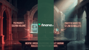 Un'illustrazione raffigurante una bilancia in un tempio antico: su un piatto i contratti di Polymarket con un volume di 529 milioni di dollari, sull'altro profitti sospetti per 1,2 milioni di dollari legati a 6 wallet. In basso il testo: "Mentre i missili colpiscono, i wallet anonimi realizzano profitti mostruosi".