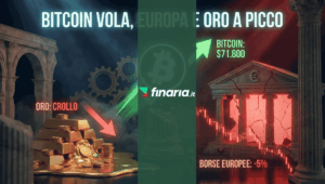 Grafica 3D con il logo Bitcoin verde neon in forte rialzo a 71.800$, contrapposto a lingotti d'oro che si sciolgono e un edificio dell'Euro in rovina con un grafico rosso in calo del 5%.