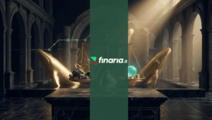 Scultura 3D di balene d'oro che si muovono tra colonne classiche, con una bilancia dorata che pesa opzioni di mercato.