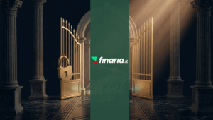 Render 3D di un'enorme porta di banca dorata e sbloccata, con flussi di dati teal e monete d'oro che si fondono nel sistema Fed.