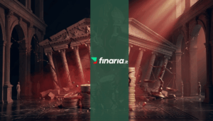 Render 3D di una grande struttura classica divisa e in fiamme, con stablecoin a rendimento che si frantumano tra le macerie.